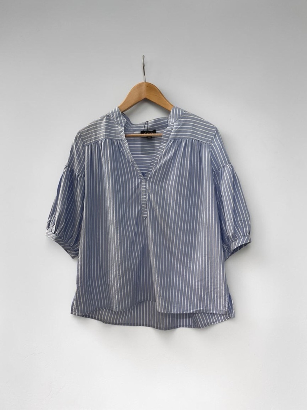 Striped Light Blue V-Neck Blouse with Short Sleeves